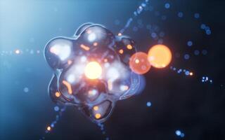 física átomo com Sombrio azul fundo, 3d Renderização. foto