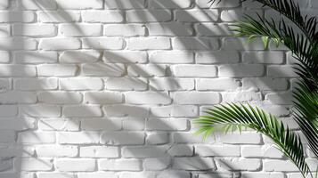 branco tijolo parede Próximo para Palma folhas dentro uma Panela, fundo textura para negócios, interior, espaço foto