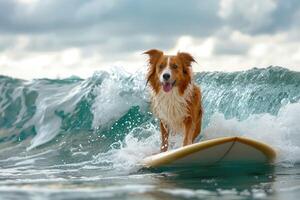 fronteira collie alegremente passeios uma prancha de surfe em a ondas. verão Atividades, Esportes, e relaxamento com uma animal. foto