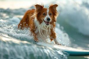 uma collie cachorro alegremente passeios uma prancha de surfe em a ondas. verão Atividades, Esportes, e relaxamento com uma animal. foto