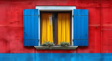 uma minimalista ilustração do janela em a exterior do uma construção e uma parede este tocam com negrito cor contraste. entre amarelo azul e vermelho adequado para atraindo atenção, comunicar uma mensagem. foto