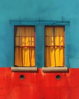 uma minimalista ilustração do janela em a exterior do uma construção e uma parede este tocam com negrito cor contraste. entre amarelo azul e vermelho adequado para atraindo atenção, comunicar uma mensagem. foto
