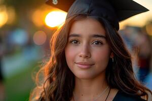 jovem hispânico mulher dentro Preto vestido e graduação boné dentro frente do universidade às pôr do sol luz . foto