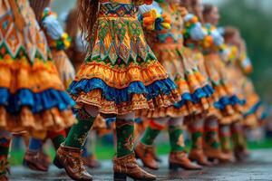 grupo do amigos participando dentro uma animado irlandês dança concorrência, com intrincado trabalho de pés e colorida fantasias foto