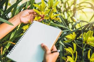 caderno com caneta para escrever nota cartão-postal sobre fundo de orquídeas amarelas. foto