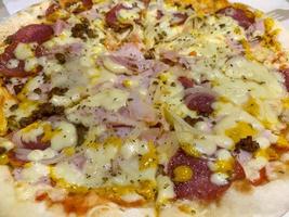 foto de pizza com salame, bacon e mussarela.