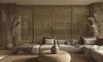 interior da casa em estilo escandinavo. design de sala de estar com móveis de madeira natural boho e planta seca no fundo. Ilustração de renderização 3D.