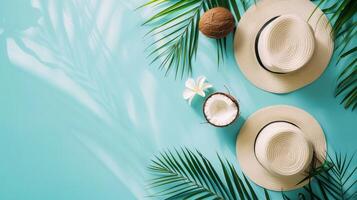 tropical verão composição com Palma folhas, chapéu, frutas, pastel fundo topo Visão foto