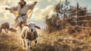 Jesus dentro procurar do a perdido cordeiro, cristão foto