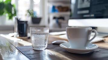 uma cappuccino em uma trabalhos mesa dentro uma estilo boho escritório foto