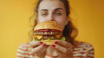 uma mulher come uma Hamburger, pouco saudável comida, isolado fundo foto