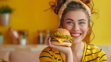 uma mulher come uma Hamburger, pouco saudável comida, isolado fundo foto