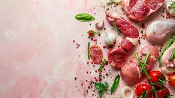 variedade orgânico carne produtos em a topo Visão fundo foto