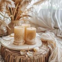 decorativo velas em uma trabalhos mesa, boho estilo foto