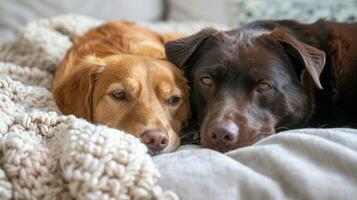 dois cachorros do diferente raças pacificamente deitado lado de lado em uma colorida cobertor ao ar livre. foto