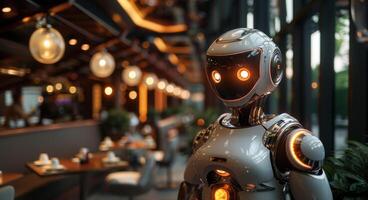 uma humanóide robô com brilhando olhos carrinhos pronto para ajudar dentro uma contemporâneo restaurante. foto