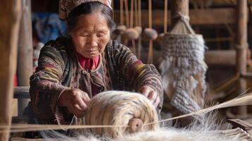a idosos mulher é usando uma tear para intrincadamente tecer uma peça do pano dentro uma tradicional maneiras. foto