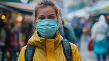 uma mulher com uma amarelo Jaqueta é vestindo uma azul face mascarar ao ar livre. foto