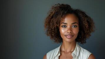 uma mulher com encaracolado cabelo vestindo uma branco camisa é destaque dentro isto retrato. foto