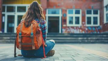 uma menina com uma mochila é sentado em a passos do uma prédio, olhando por aí a urbano ambiente. foto