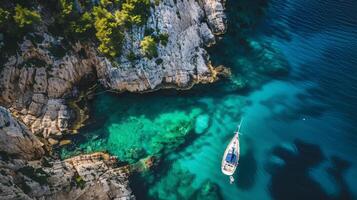 uma barco velas dentro a água perto uma íngreme penhasco dentro isto aéreo visualizar. foto