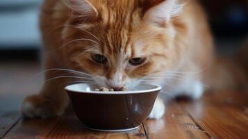 uma doméstico gengibre gato é focado em comendo a partir de uma pequeno Castanho tigela em uma de madeira chão. foto