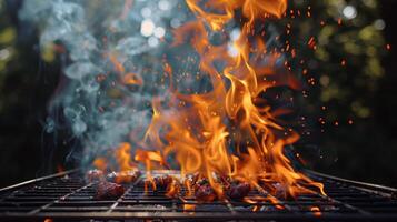 grelhar almôndegas em flamejante churrasco grade com fumaça e fogo ao ar livre foto