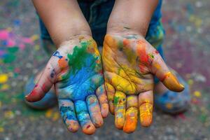 criança mãos coberto dentro colorida holi pó pintura para a festival do cores celebração foto