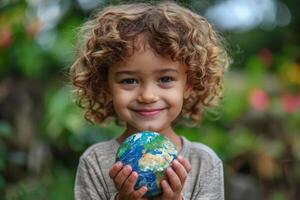 sorridente criança segurando globo, terra dia, de Meio Ambiente conservação, sustentabilidade, futuro geração, amor, Cuidado, ter esperança, Educação, responsabilidade foto