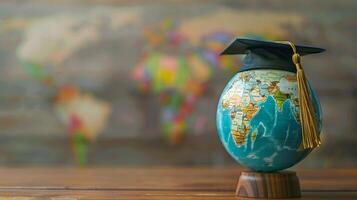 graduação boné em topo do globo com mundo mapa, simbolizando global Educação, internacional estudos e acadêmico sucesso. foto