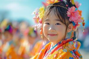 adorável japonês menina dentro colorida tradicional traje sorridente às festival. fofa criança vestindo vibrante quimono com floral capacete a comemorar cultural evento. foto