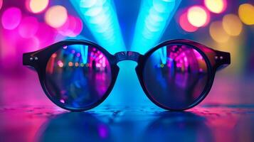 vida noturna festa reflexão dentro oculos de sol às Barra ou Boate com néon luzes e bokeh foto