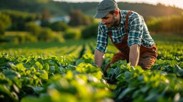 jovem agricultor cuidando para orgânico cultivo dentro vegetal campo às pôr do sol foto