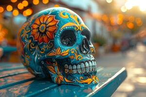 colorida açúcar crânio decorado para dia de muertos celebração dentro mexicano mercado foto