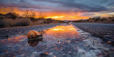 Caracol cruzando rua às pôr do sol, animais e animais selvagens fundo, lesma, molusco, descascado gastrópode foto