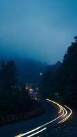 colorida noite luz trilhas em estrada com floresta fundo dentro punca bogor Indonésia foto