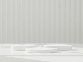 abstrato branco 3d quarto com realista branco cilindro pedestal pódio definir. mínimo cena para produtos exibição apresentação. 3d Renderização geométrico plataforma. etapa para mostruário. foto