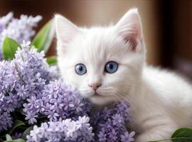 branco gatinho com azul olhos e lilás flores, fechar-se foto