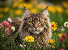 lindo malhado maine coon gato deitado em uma Prado com margaridas foto