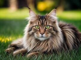 lindo malhado maine coon gato deitado em a Relva foto