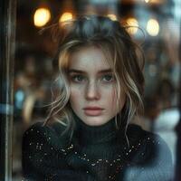 fofa menina olhando Fora a cafeteria janela vestindo Preto suéter, ai foto