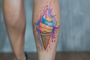 arco Iris gelo creme cone tatuagem em perna. foto