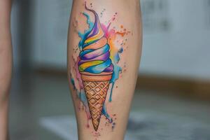 arco Iris gelo creme cone tatuagem em perna. foto