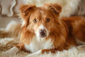 a fronteira collie procriar mentiras em uma fofo tapete, colcha. a cachorro é em repouso foto