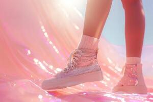 lindo fêmea pernas com brilhante tênis e branco meias em uma Rosa fundo. glamouroso chique e cintilar do luz solar foto