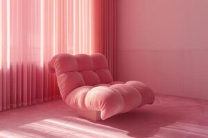 uma Rosa cadeira dentro uma Rosa acolhedor quarto sem pessoas. brilho do sol foto