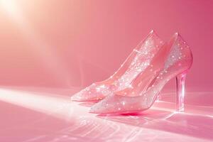 Rosa chique. transparente sapatos com brilhos em uma Rosa fundo debaixo luz solar. cópia de espaço foto