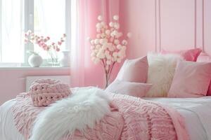 uma jovem garotas quarto com uma suave Rosa pele cobertor em uma branco cama quadro, decorativo almofadas e uma ensolarado ambiente. foto
