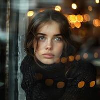 fofa menina olhando Fora a cafeteria janela vestindo Preto suéter, ai foto