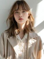 japonês moda modelo menina com Castanho cabelo franja, ai foto